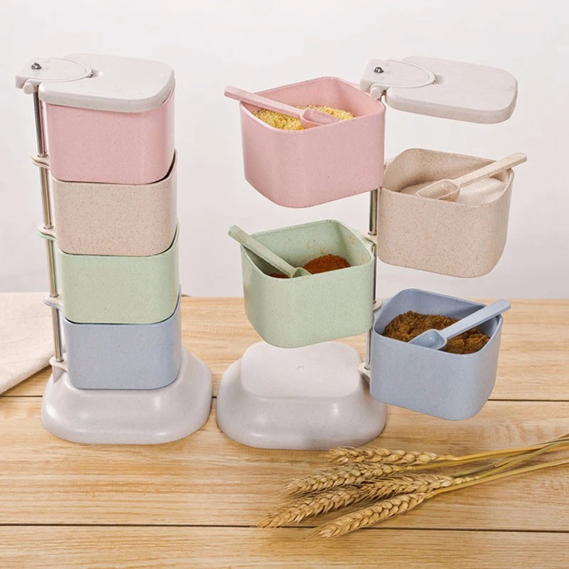 

Wheat Straw Seasoning Box Four Grid 360 Degree Rotary Vertical With Spoon Kitchen Stackable Food Container Spice Jar 2016 New