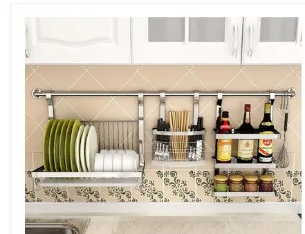 Stainless steel kitchen shelving. Wall hanging wall perforation plus thick knife rack. Seasoning rack. Hang rod.003