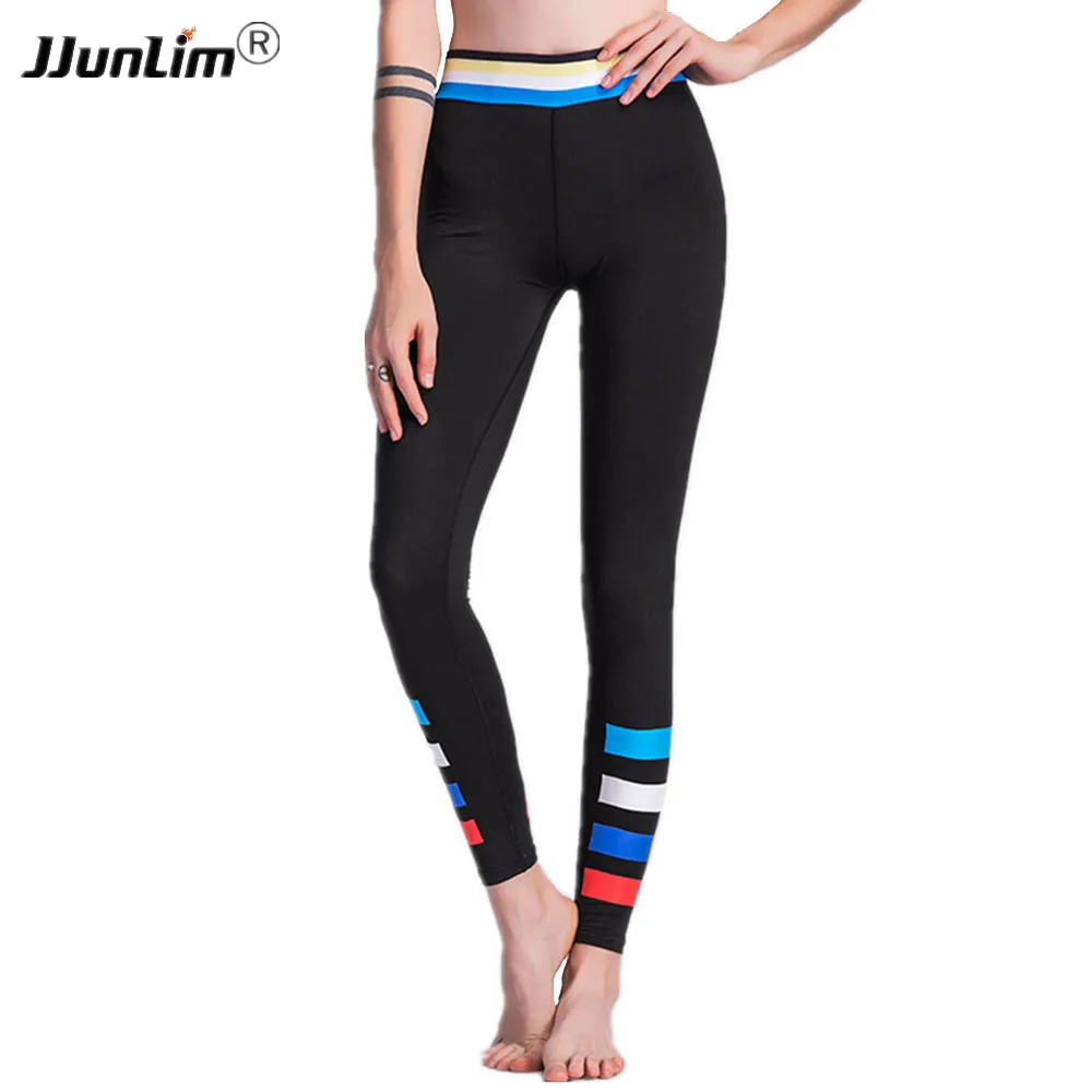 Women Stripe yoga Leggings Black Workout Patchwork Leggins Sporting