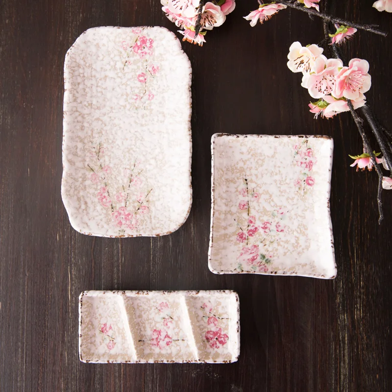 Japan Zakka Style Ceramic Dinnerware Sets Small Pink Floral Printed Under Glazed Chinese Porcelain Dinner Set 8 Pieces Tableware