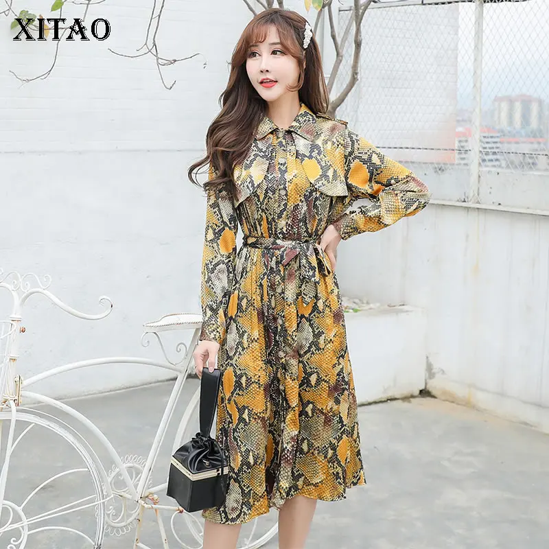 

[XITAO] 2019 Spring New Women Fashion Turn-down Collar Full Sleeve Casual Dress Female Print Mid-calf Loose Dress LYH3256