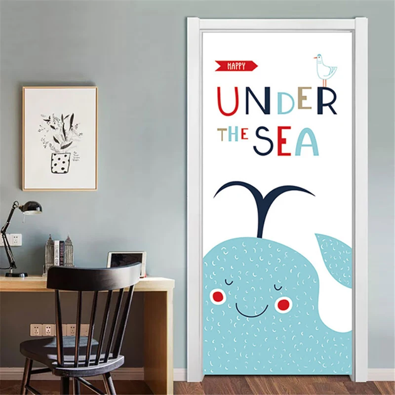 DIY Home Decor 3D Door Sticker Cartoon Picture Environmental Protection Self Adhesive Waterproof Wallpaper Print Canvas Wall Art