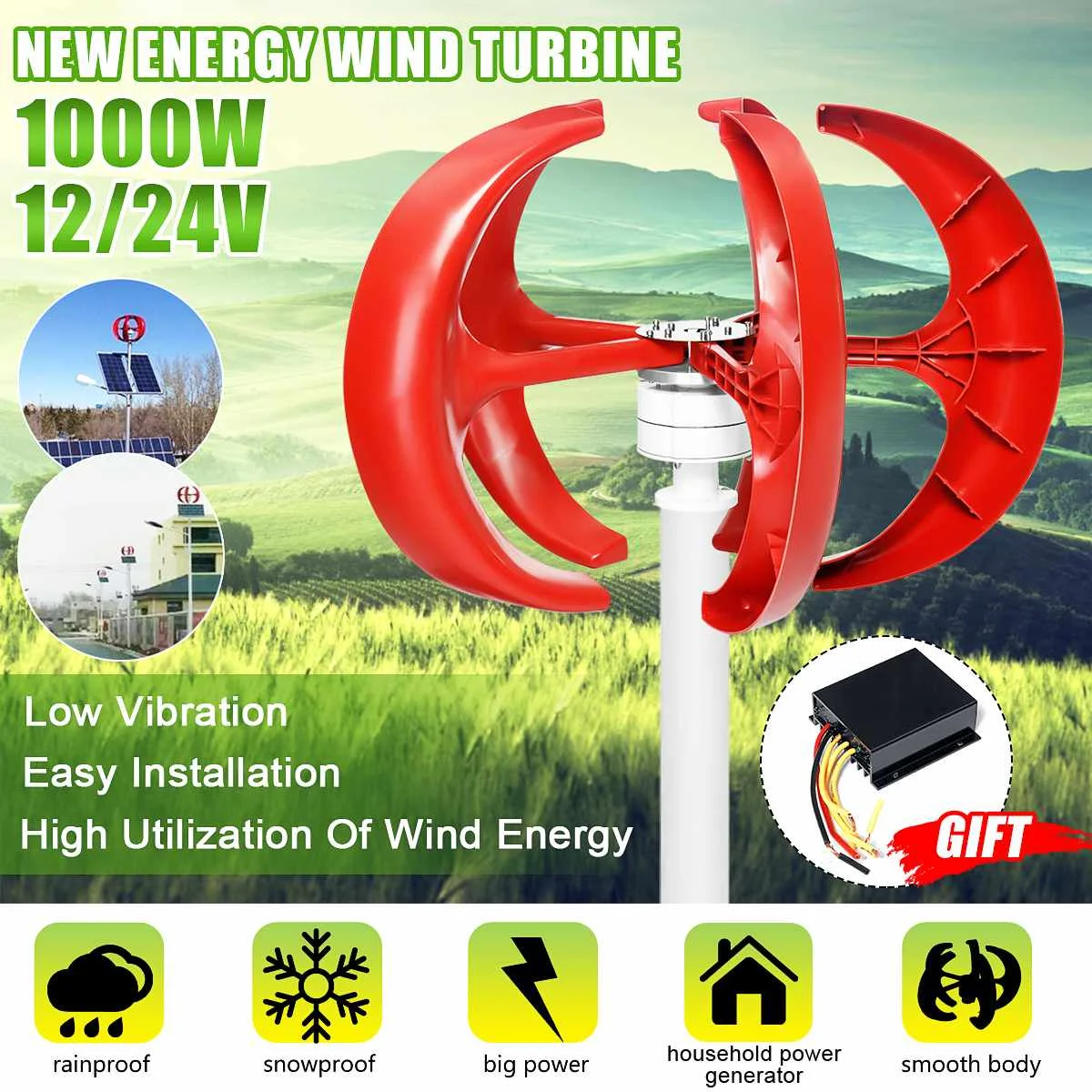 

5 Blades 1000W Vertical Axis Wind Turbines Generator Lantern 12V 24V Motor Kit Electromagnetic For Home Hybrid Streetlight Use