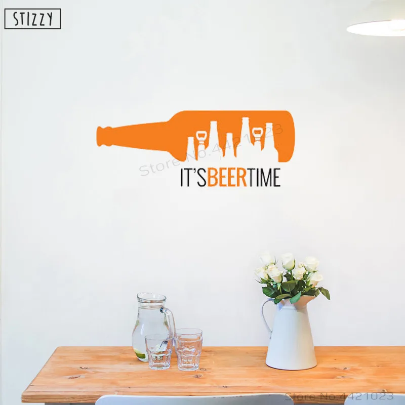 

STIZZY Wall Decal It's Beer Time Wall Stickers Creative Kitchen Bar Logo Design Removable Beer Bottle Silhouette Art Decor B365