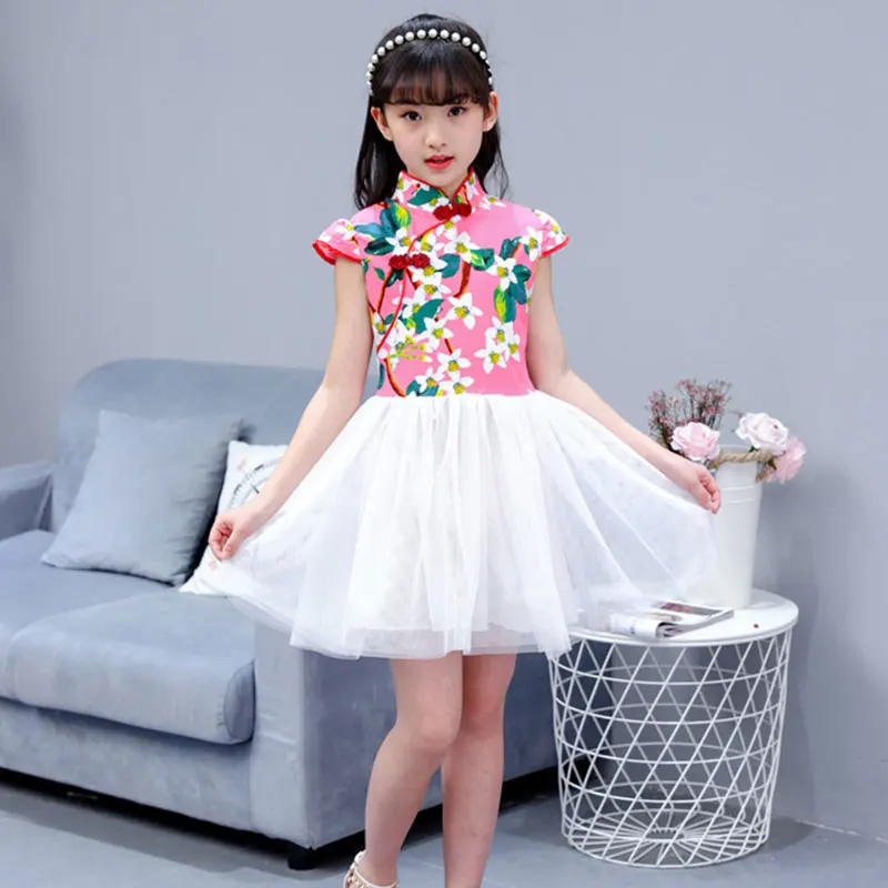 2018 Summer Children Girl Cheongsam Dress Chinese Traditional Qipao Short Sleeve Dress Cotton Girl Skirt Children Cheongsam
