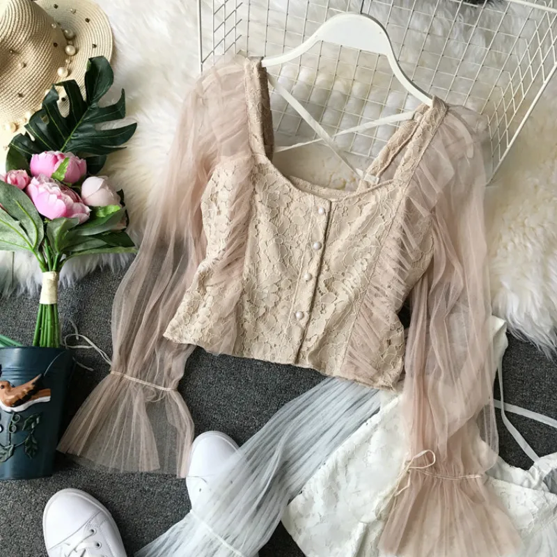 

Women's Blouse Shirt Summer Clothes 2019 Korean Vintage Womens Tops and Blouses Mesh Lace Elegant Off Shoulder Top ZT2044