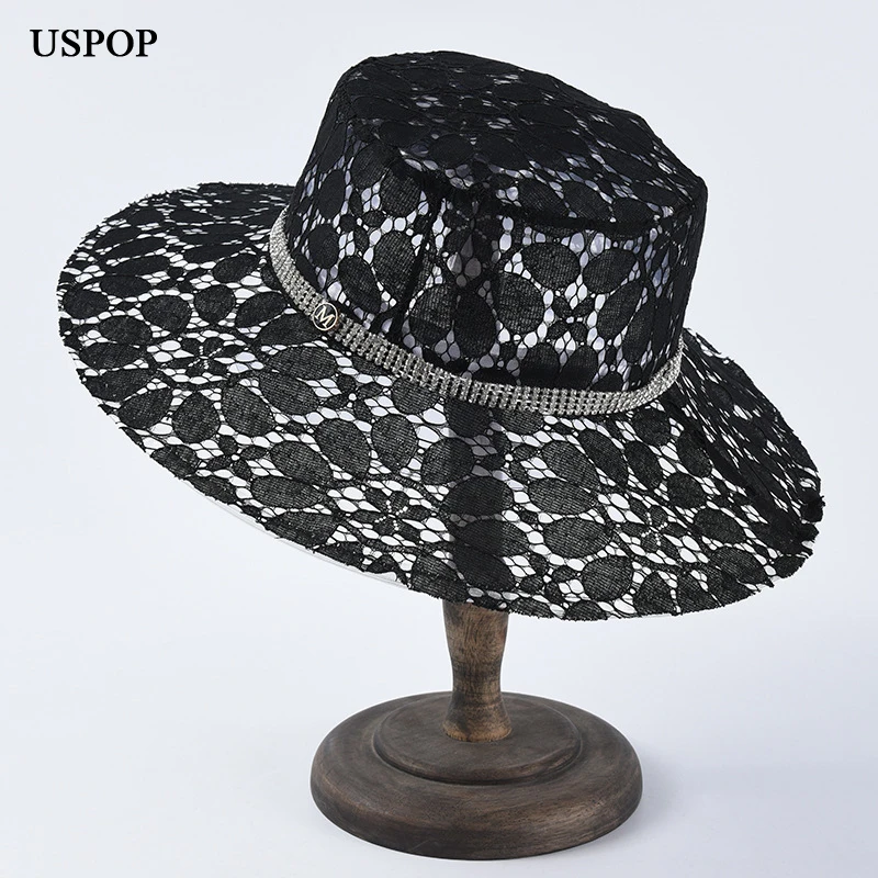 

USPOP 2019 Newest women lace sun hats luxury diamond ribbon pvc hats letter wide brim beach hats