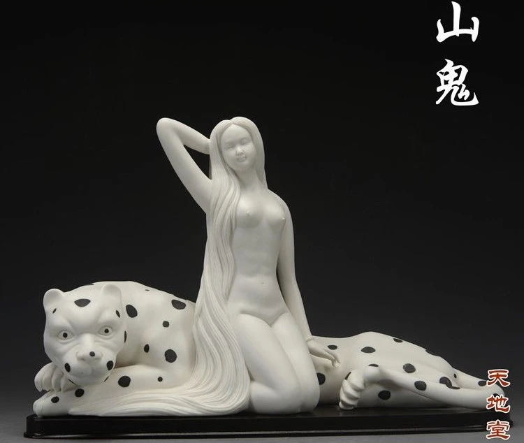 

Chinese exquisite De Hua White porcelain Tiger Beauty belle demon fairy Statue