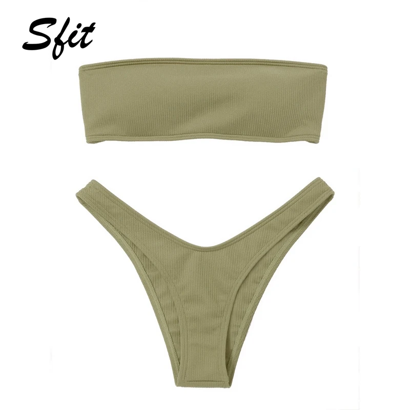 

Sfit 2019 Summer Women Bikini Set Strapless Bandeau Padded Solid Color High Cut Two Pieces Swimsuit Swmwear Biquini Brazilian