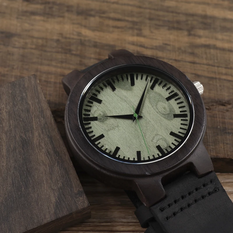 BOBO BIRD C25 Vintage Ebony Wood Men Watch With Green Wood Dial With Real Leather Strap as Gift In Gift Box