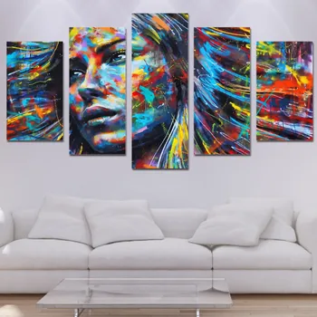 

HD Print 5 Panels Canvas Paintings Colorful Hair Woman Face Wall Art Modern Pictures Poster Office Sofa Background Framed Decor