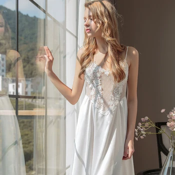 

Sexy Summer Female Perspective Slim Beauty Back Nightdress Sexy Long White Thin V-neck Strap Nightdress Nightgowns Women