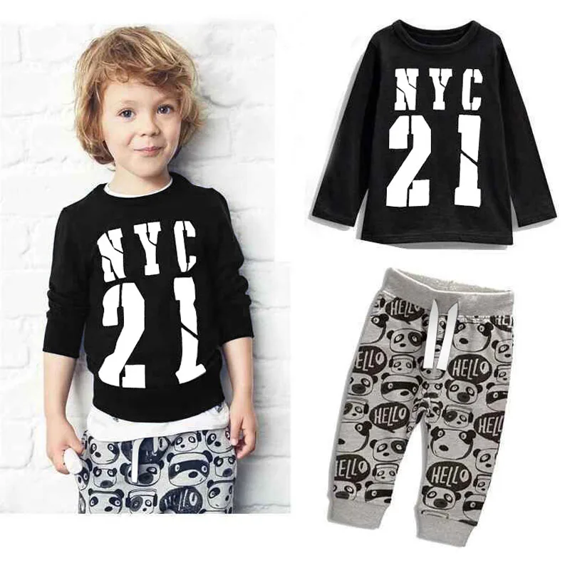

Kids Clothes Boys Spring Panda Clothing Baby Boys Cotton Long Sleeve Tops+Pants Set Children Costume Number & Letter Print