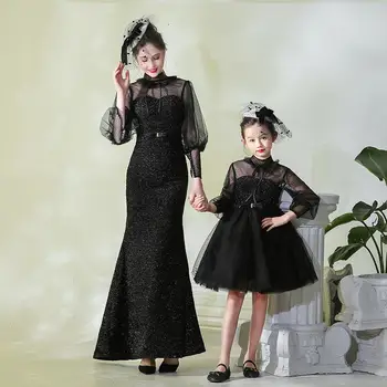 

Mother Daughter Dresses 2019 Mommy Girl Sequin Black Matching Twinning Party Dress Family Look Outfits Girl Mom Clothing JN873