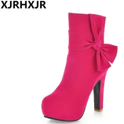 Xjrhxjr новая зимняя обувь милые женские ботинки с бантом модная обувь на высоком каблуке до середины икры женские короткие сапоги в Корейском