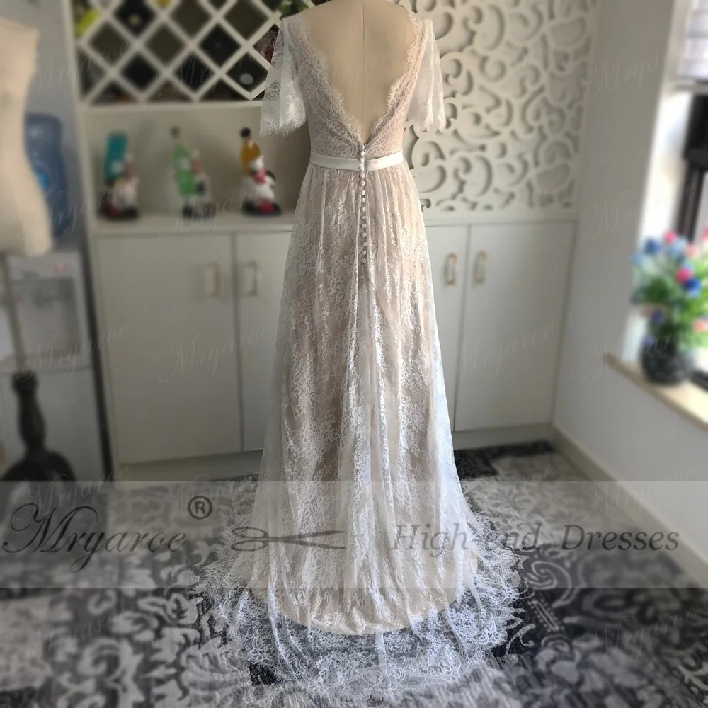 Mryarce New Arrival Flare Sleeves Lace Bohemian Garden Wedding Dress V Neck A Line Open Back Boho Bridal Gowns 4