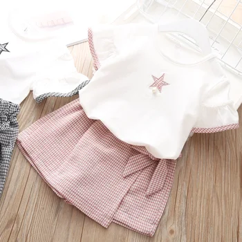 

Girls Set Summer Style New Toddler Kid Clothes Five-Pointed Star Short Sleeve + Plaid Shorts 2pcs Children Clothes