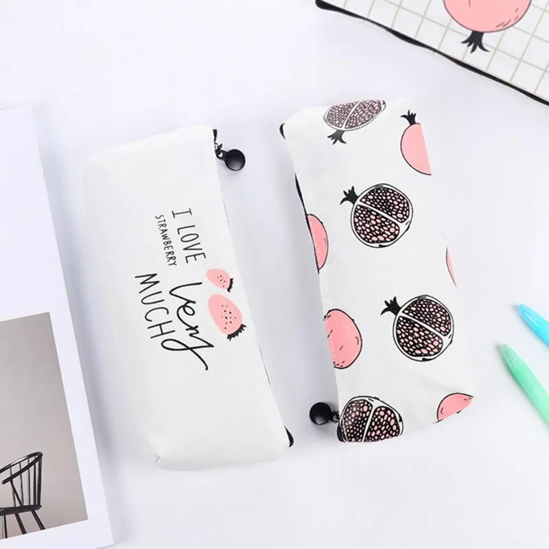 Simple Fruit Pattern Cosmetic Bag Women Casual Travel Canvas Makeup Zipper Storage Bag Pouch Large Capacity Toiletry Neceser Kit
