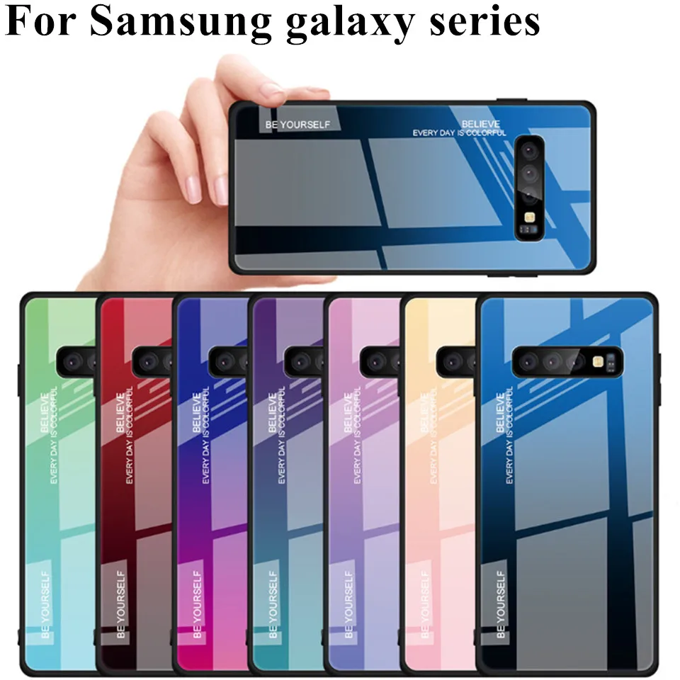 

Tempered Glass phone Case For Samsung galaxy S10 S9 S8 Plus SE A50 A20 A30 A10 M30 M20 M10 A6 A7 A8 A9 Gradient Blue Ray Cover