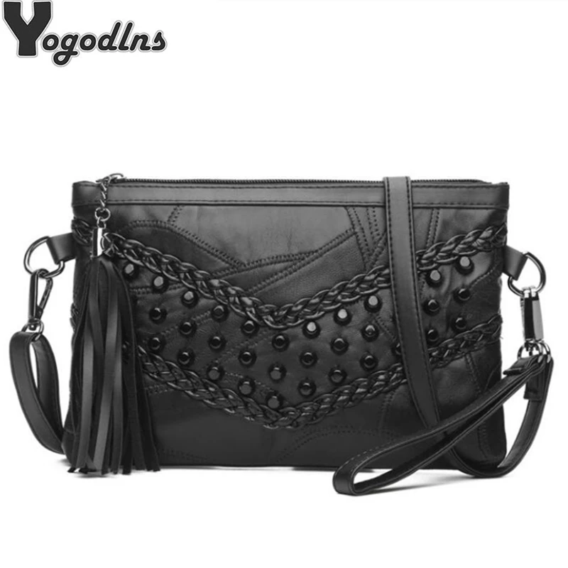 الرجعية برشام مغلف حقائب كتف للنساء صغيرة حقيبة ساعي جلد طبيعي سيدة Crossbody حقيبة يد سوداء مخلب محفظة