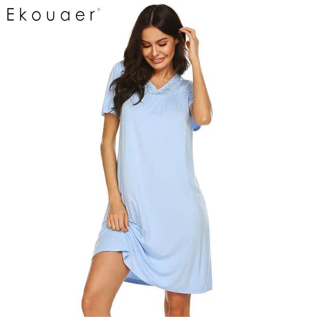 

Ekouaer Summer Sleepwear Night Dress Women Solid Long Nightgown Short Sleeve Nightdress Homewear Chemise Nighties Dress