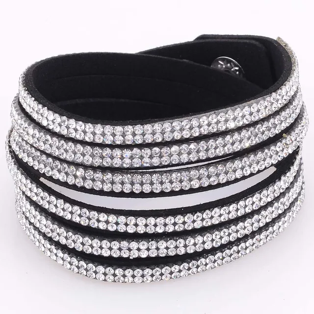 Double wrap suede leather 3 rows single color crystal bracelet double