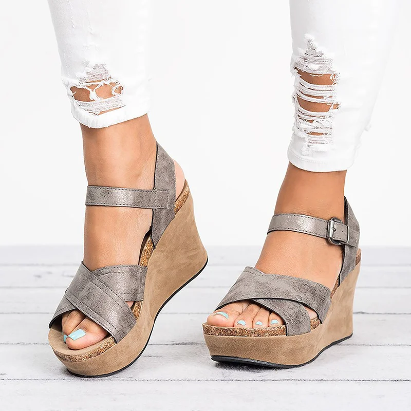 

Women Vintage Buckle Ankle Strap Wedge Summer Sandals Female Gladiator Platform Open Toe Cross Tied Ladies Clogs Shoes Plus Size