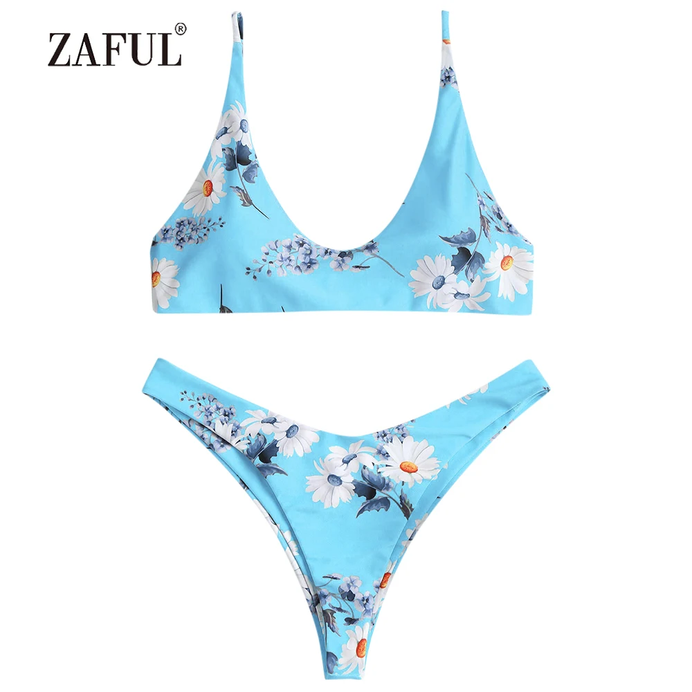  ZAFUL Bikini Floral Bralette Swimwear Women High Cut Swimsuit Sexy Spaghetti Straps U Neck Thong Bi