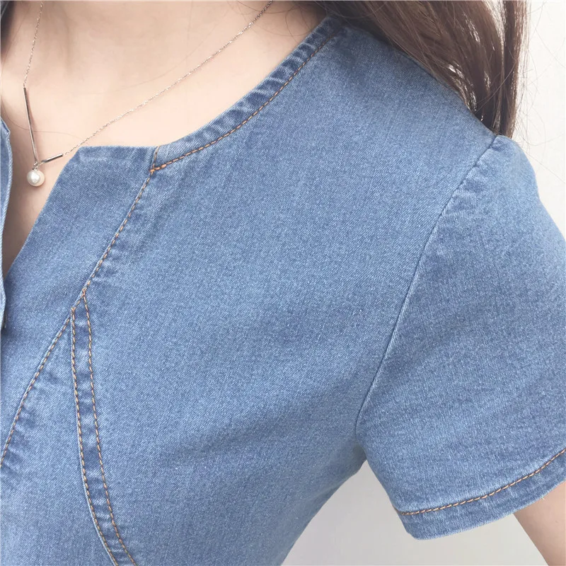 5XL Plus Size 2018 New Women Simple Button Solid Color Slim Denim Dress Short Sleeve Fitness Ladies Jean Dresses Casual Vestidos