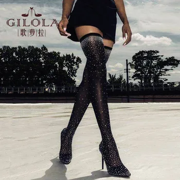 

Fashion Women Sock Boots Over The Knee Stretch Fabric Crystal High Heels Pointy Toe Heel Thigh High Shoes #Y0319326Q