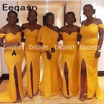

Cheap African Mermaid Bridesmaids Dresses 2020 Side Slit Off the Shoulder Maid of Honors Wedding Guest Dress Women Formal Party
