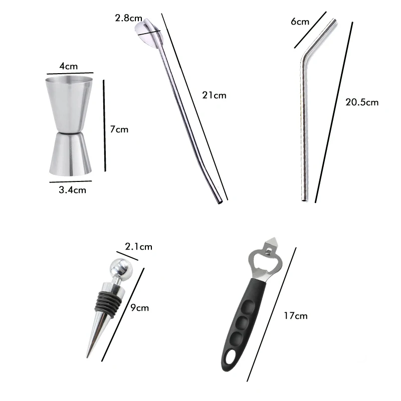 17 шт. шейкер для коктейлей из нержавеющей стали, ситечко для льда с зажимом, ложка для смешивания, мерная чашка, барные инструменты, набор для коктейлей, консервный нож, лопата для льда