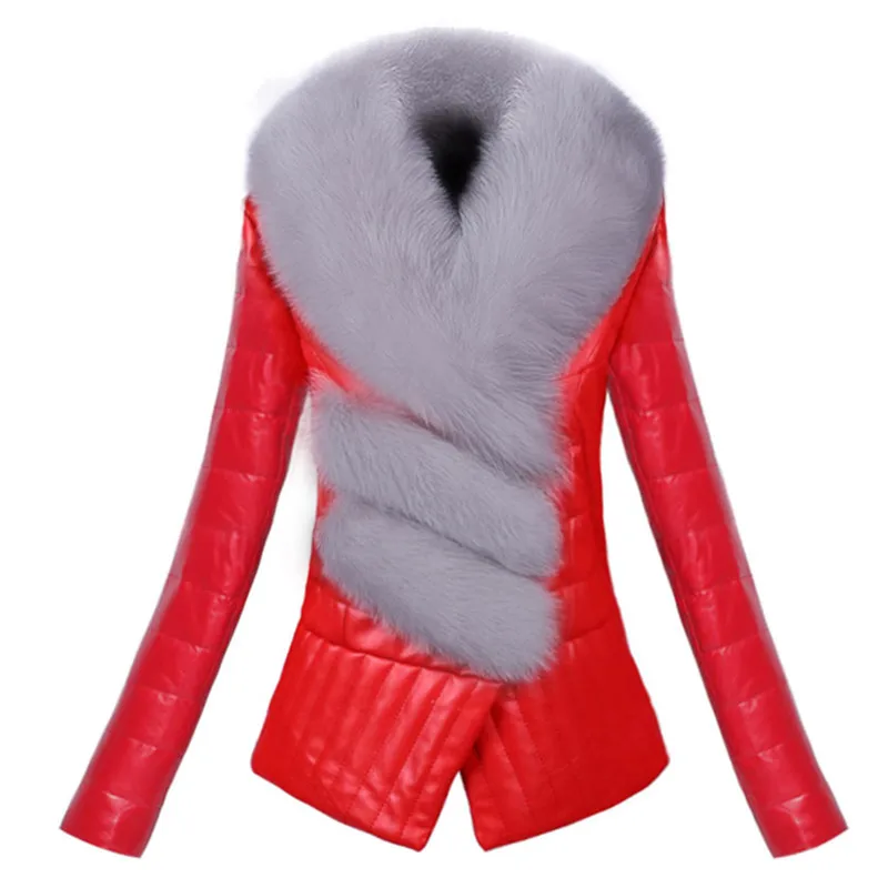 Модная зимняя теплая Толстая куртка из искусственной кожи, тонкая короткая верхняя одежда с длинным рукавом, воротник из искусственного лисьего меха, женская кожаная куртка, одежда