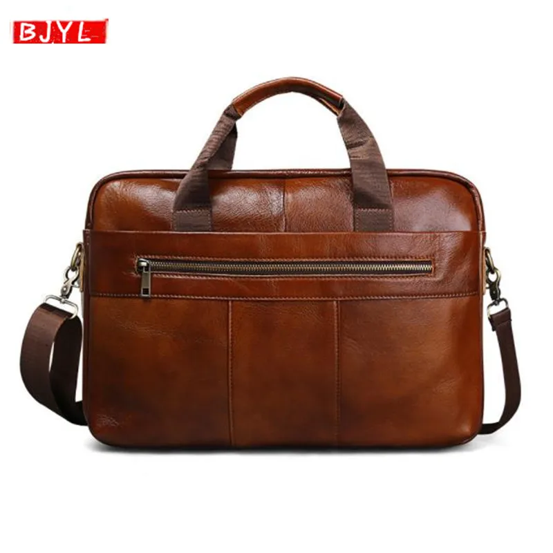 

BJYL Genuine leather Men briefcase retro business 15" laptop handbag shoulder bag Cowhide male travel messenger crossbody bags