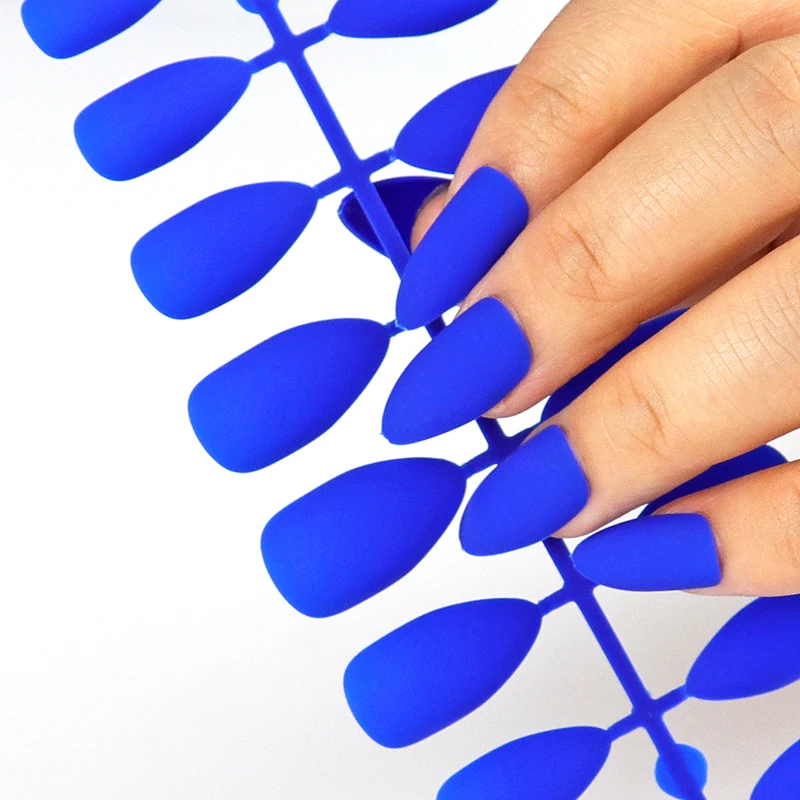 Blue Matte Artificial Nails Full Cover Fake Nails 24Pcs Candy Nail For Extension Manicure Art Acrylic Stiletto Nail Tip Beauty