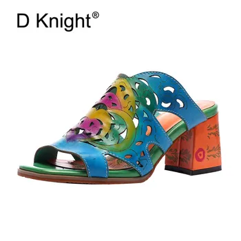 

Handmade Genuine Leather Sandals Summer Women Shoes Hollow Out Vintage Bohemian Slippers High Heels Mules Beach Slides For Woman