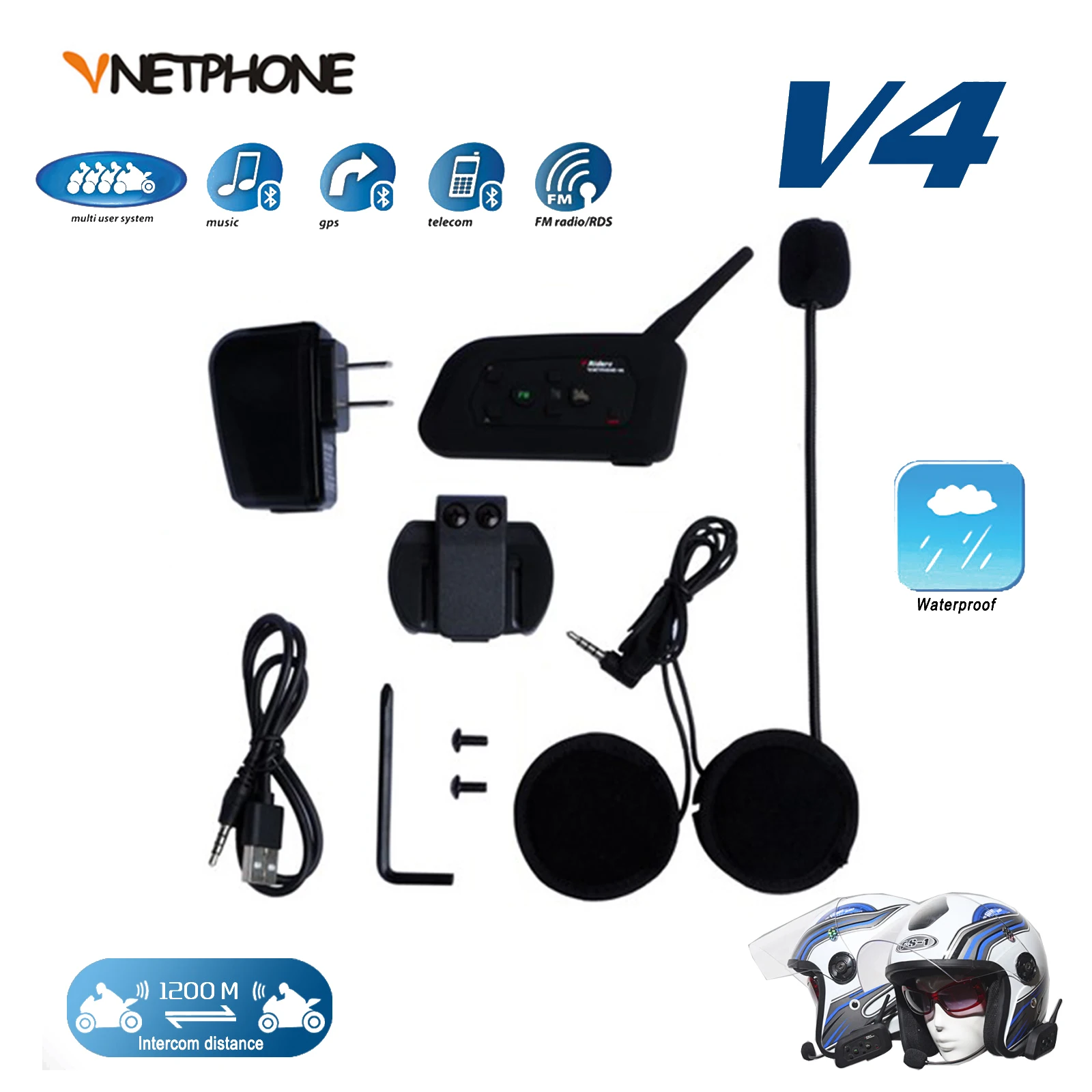 

VNETPHONE 1200M 4 Riders Motorcycle Helmet Bluetooth Headset Interphone Fully Duplex Wireless Communication BT Intercom