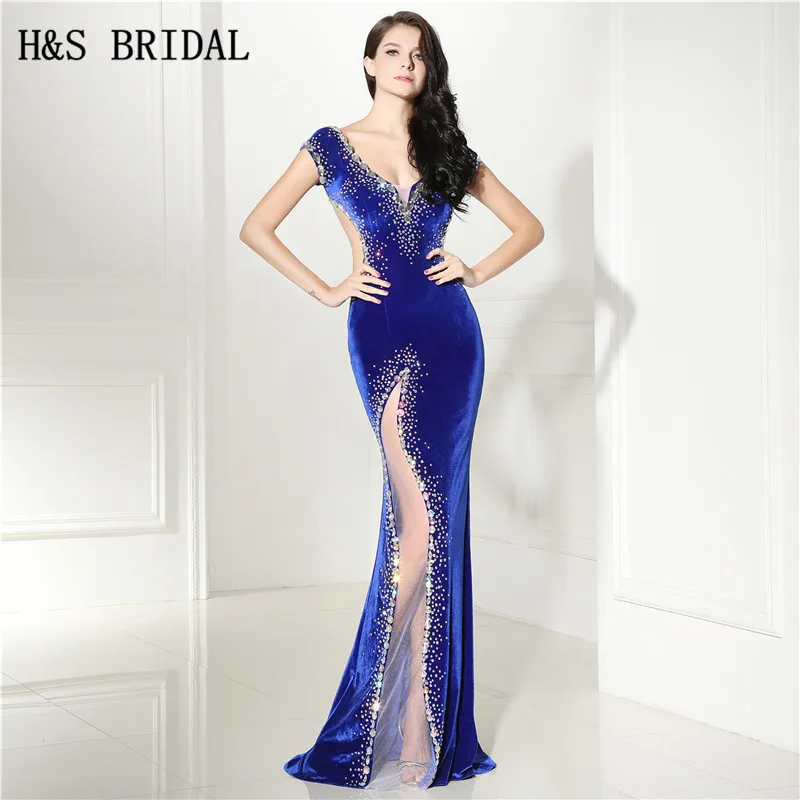 H& S свадебное винтажное бархатное сексуальное Королевского синего цвета Вечерние платья боковое прозрачное велюровое Vestido Longo дешевые вечерние платья Длинные