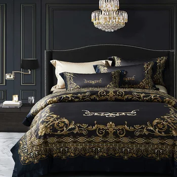 

4 piece luxury black and gold bedding set 100S silky egyptian cotton duvet cover sets queen king size bed linen sateen bedsheets