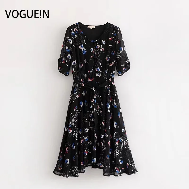 

VOGUEIN New Womens Beach Boho Half Sleeve Floral Print Black Yellow Midi Dress Wholesale