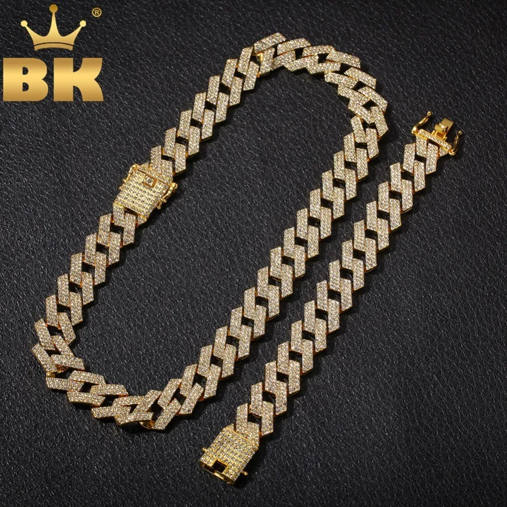 Günstige DIE BLING KÖNIG 20mm Miami Prong Kubanischen Kette NE + BA 3 Reihe Voller Iced Out Strass Halskette armband Herren Hiphop Schmuck Set
