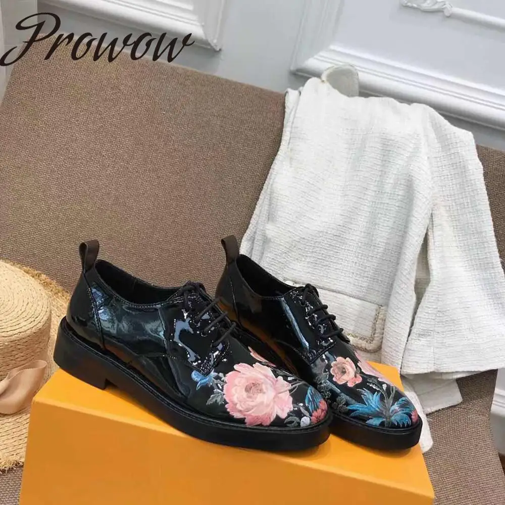 

Prowow New Quality Printed Floral Summer Flats Round Toe Lace Up Dress Flats Shoes Women