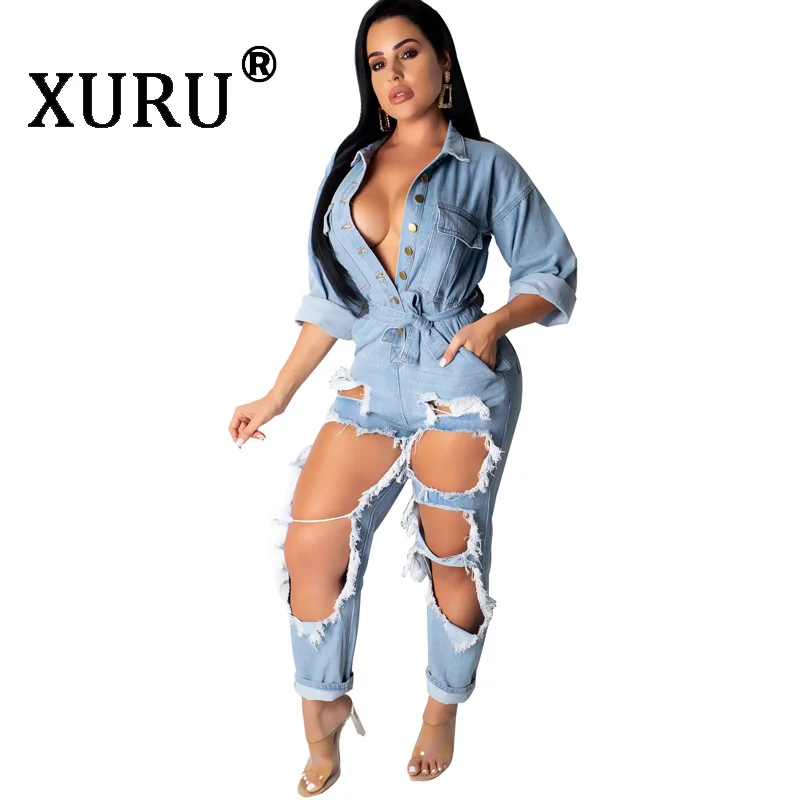 

XURU Hot Sexy Denim Jumpsuit Fashion Loose Long Sleeve Scrub Washed Hole Denim Jumpsuit