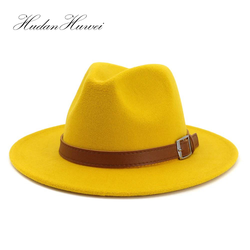 

Trendy Handmade Plain Dyed Flat Brim Wool Felt Fedora Jazz Hats for Women Men Casual Panama Trilby Gambler Hat Belt Buckle Decor