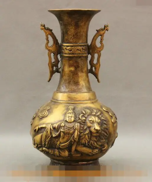 

S03045 16 China Tibet Buddhism Bronze WenShu Manjushri Bodhisattva Lion Statue Vase Pot (B0413)