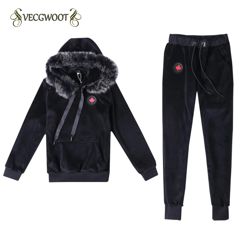 

S-3XL Winter 2019 New Gold velvet Women's Sets Fashion Fur collar Hooded Sweatershirt Plus velvet Two-piece Suit Female QW19