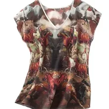 Вино steed gallop Печать V шеи широкое плечо шелковицы шелковая Базовая шелковая куртка Футболка