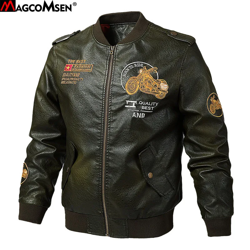 

MAGCOMSEN Men's Leather Jacket PU Leather Vintage Motorcycle Jackets Spring Military Bomber Pilot Jacket Baseball Coat ZLSB-2