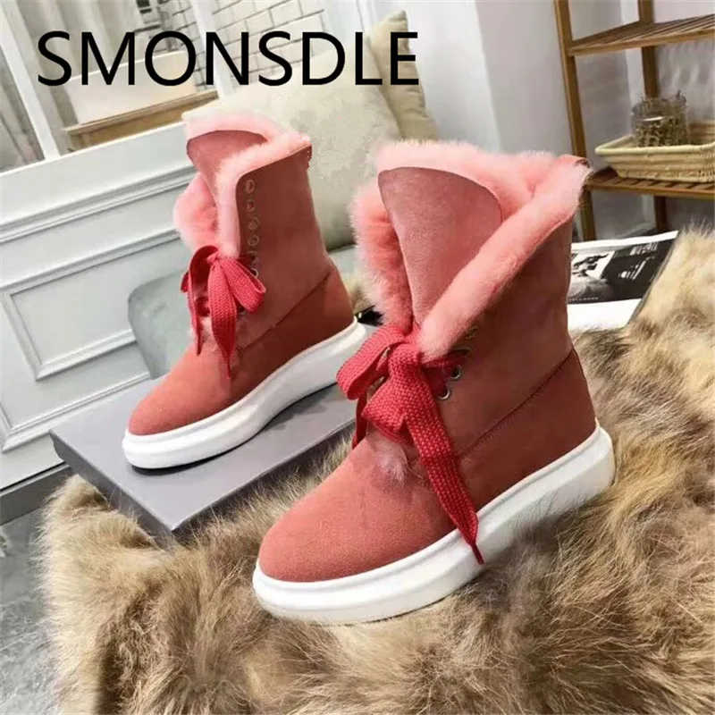 

SMONSDLE New Fashion Black Genuine Leather Winter Women Ankle Boots Round Toe Lace Up Wool Women Warm Boots Flat Shoes Woman