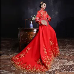 Для женщин традиционный китайский плюс Размеры свадебное платье Cheongsam длинный халат Chinoise Oriental Стиль платья современные Qipao Феникс красный